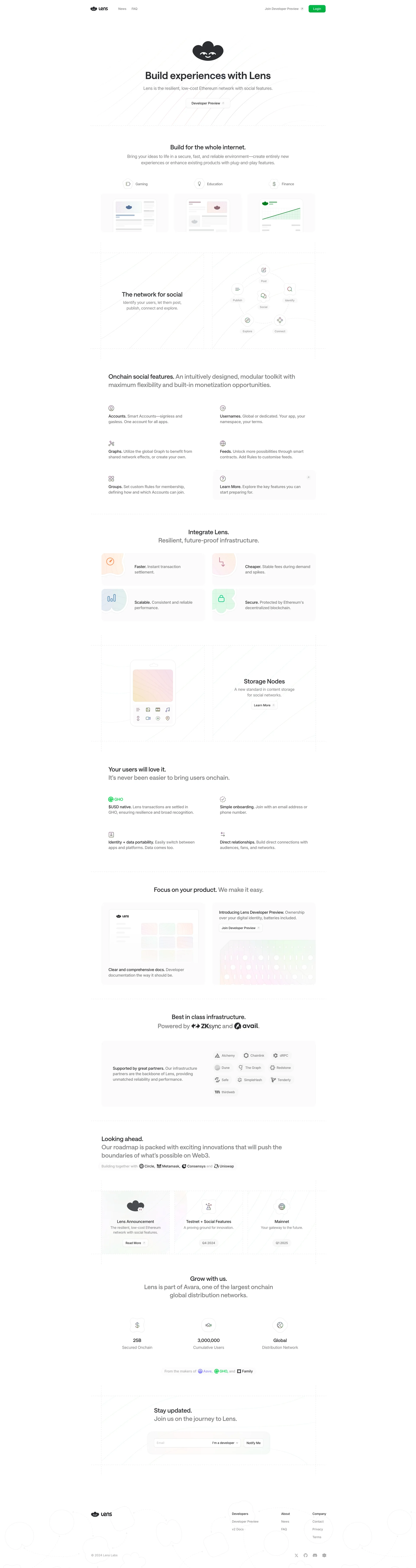 Lens Landing Page Example: Build for the whole internet. Bring your ideas to life in a secure, fast, and reliable environment—create entirely new experiences or enhance existing products with plug-and-play features.
