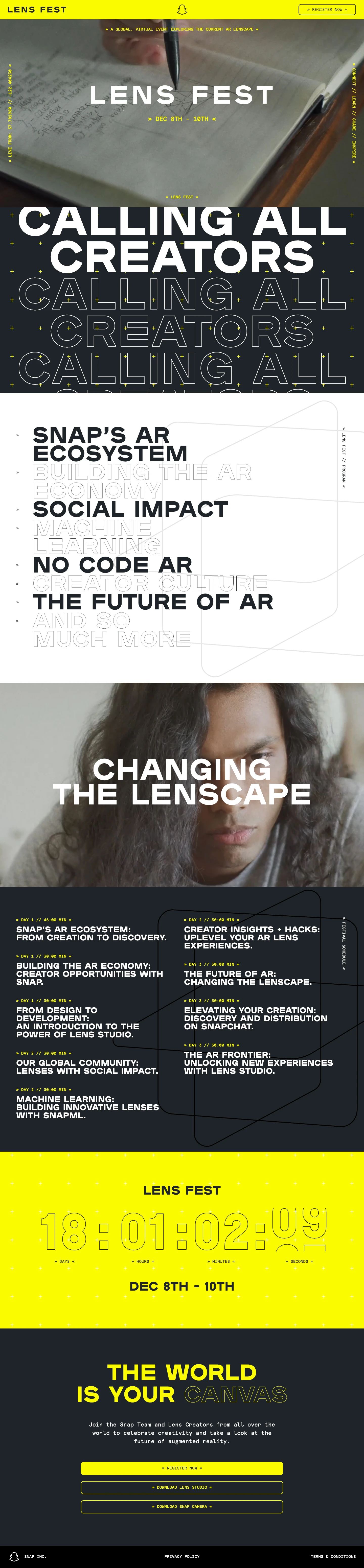 Lens Fest Landing Page Example: Snap’s Global AR Festival on December 8-10, 2020. Join Team Snap and Lens Creators from around the world to celebrate the future of augmented reality.