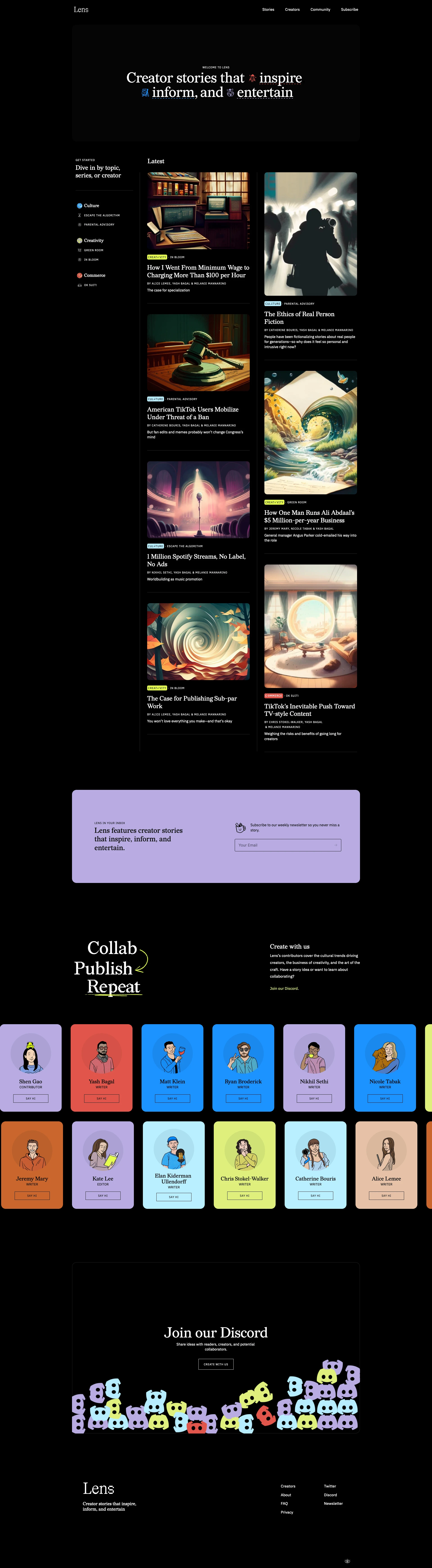 Lens Landing Page Example: Creator stories that inspire, inform, and entertain.