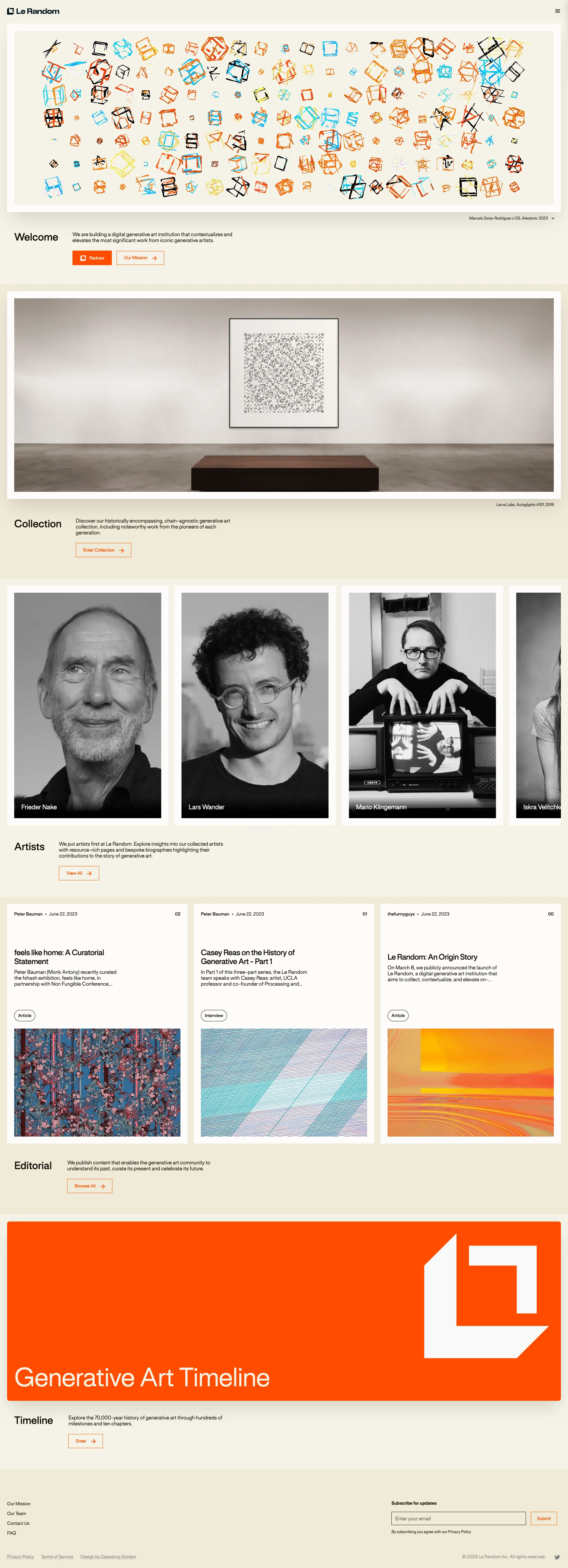 Le Random Landing Page Example: We are building a digital generative art institution that contextualizes and elevates the most significant work from iconic generative artists.