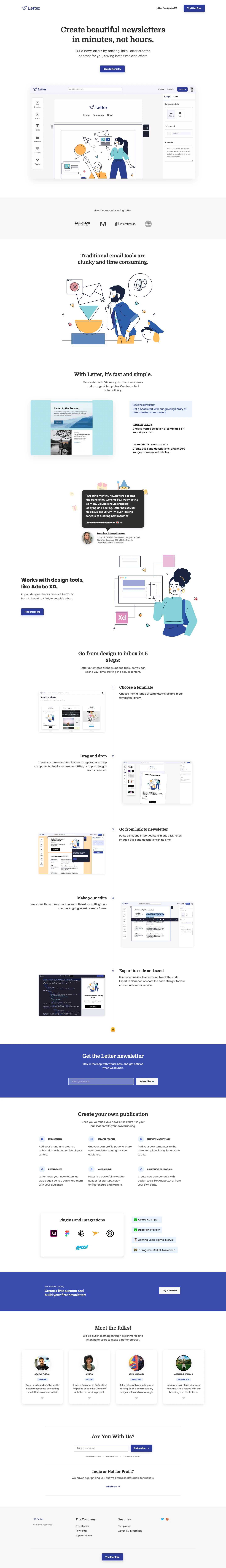 Letter Landing Page Example: Create beautiful newsletters in minutes, not hours. Build newsletters by pasting links. Letter creates content for you, saving both time and effort.