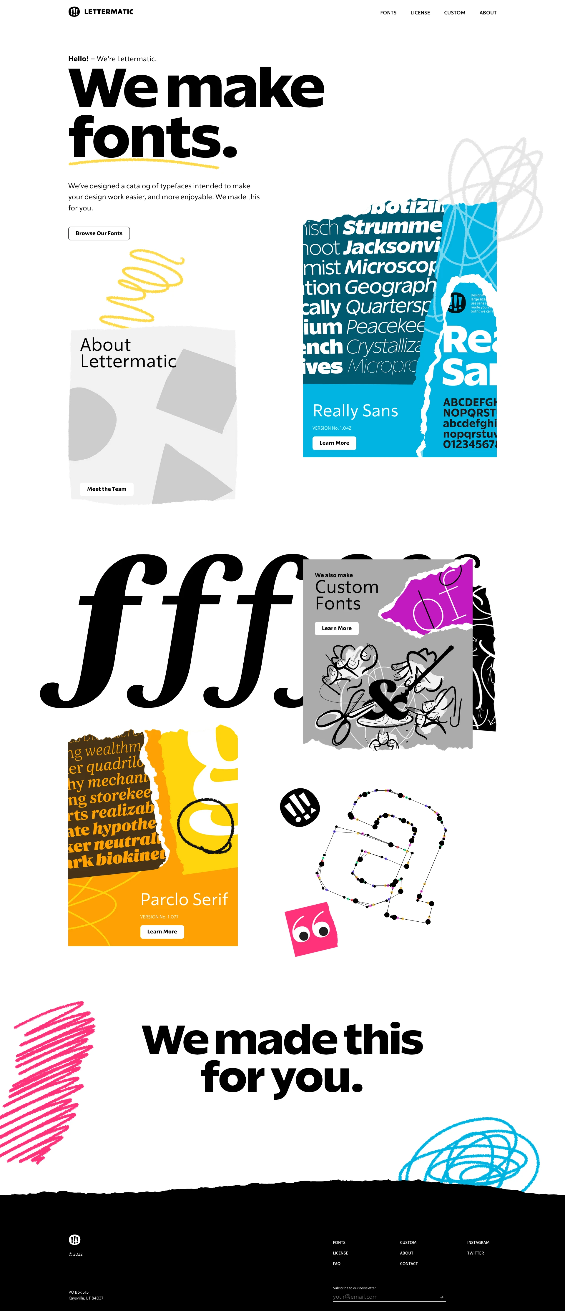 Lettermatic Landing Page Example: We've designed a catalog of typefaces intended to make your design work easier, and more enjoyable. We made this for you.