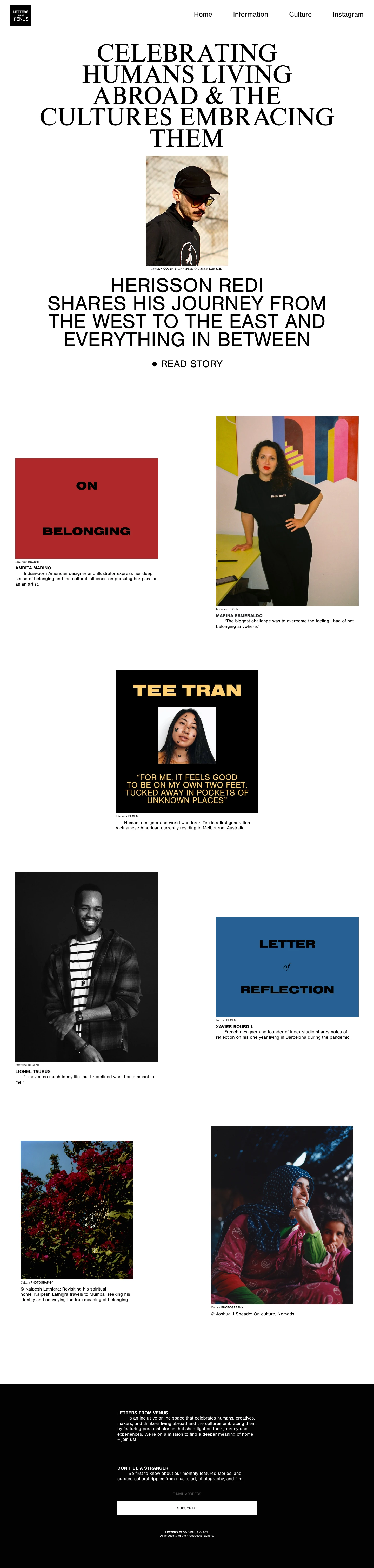 Letters From Venus Landing Page Example: LETTERS FROM VENUS is an inclusive online space that celebrates humans, creatives, makers, and thinkers living abroad and the cultures embracing them; by featuring personal stories that shed light on their journey and experiences. We’re on a mission to find a deeper meaning of home – join us!