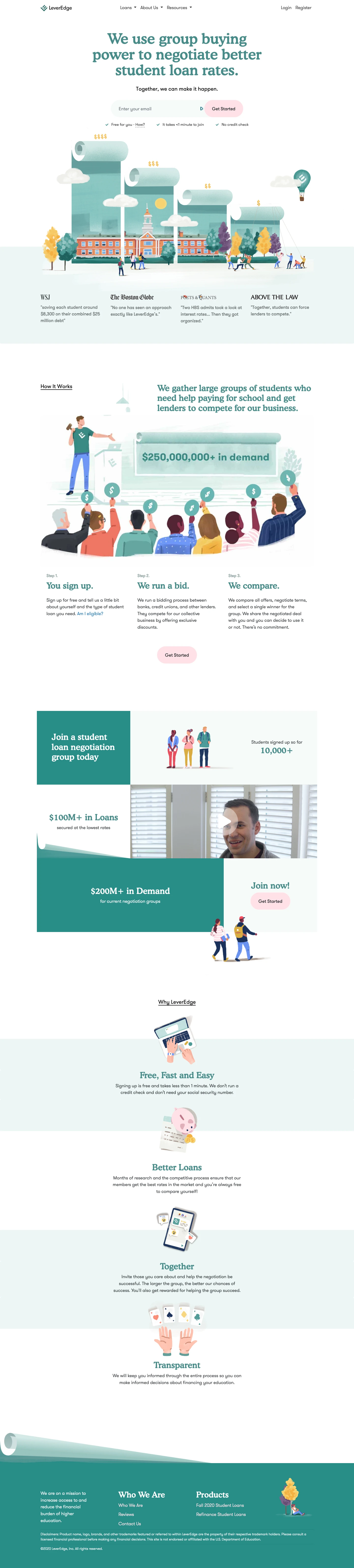 LeverEdge Landing Page Example: LeverEdge is a student first initiative that uses group buying power to negotiate student loan rates with lenders. The service is free for students.