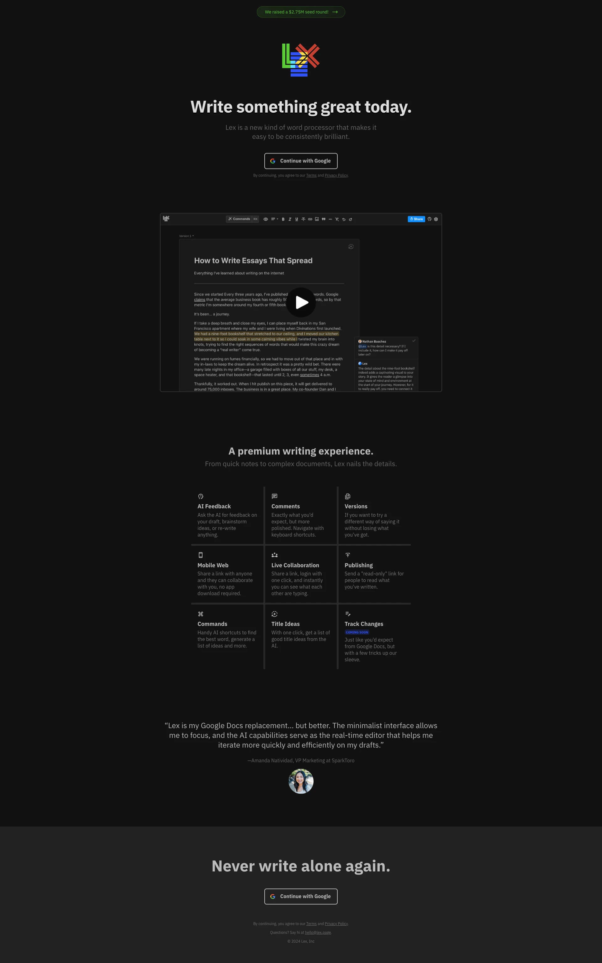 Lex Landing Page Example: Write something great today. Lex is a new kind of word processor that makes it easy to be consistently brilliant.