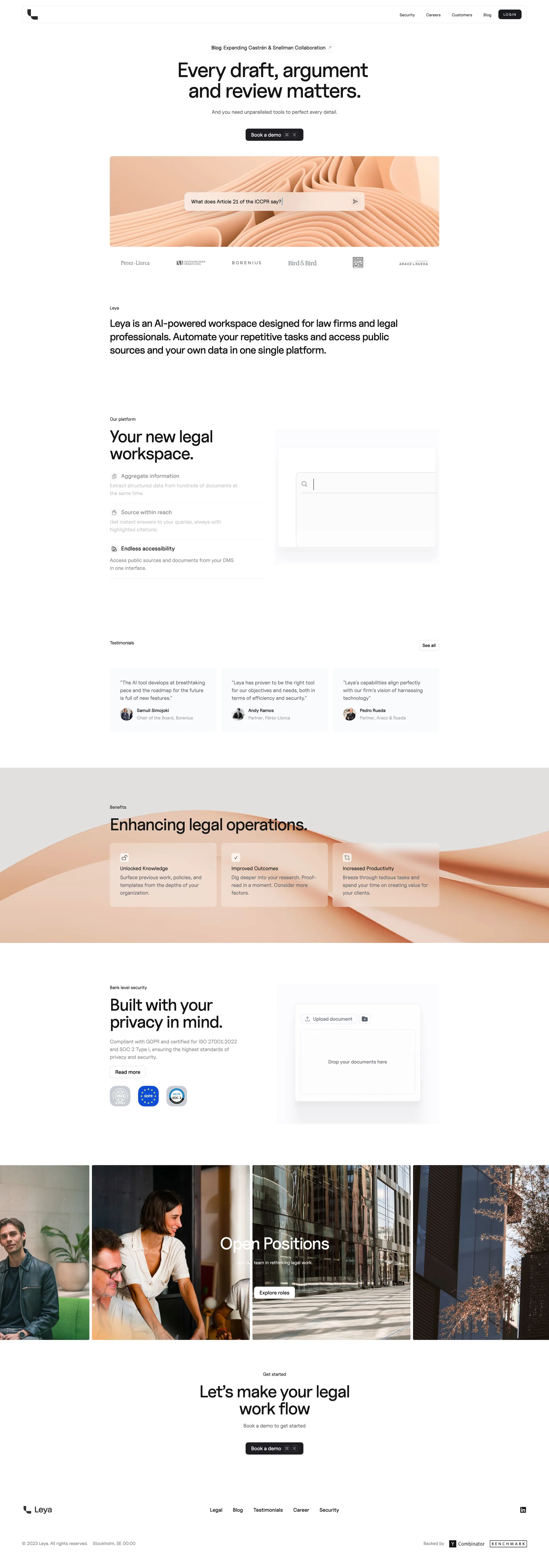 Leya Landing Page Example: By streamlining and simplifying legal workflows, we empower elite law firms and legal professionals to work more efficiently and effectively. Enabling them to focus on higher-value tasks and deliver exceptional results for their clients.