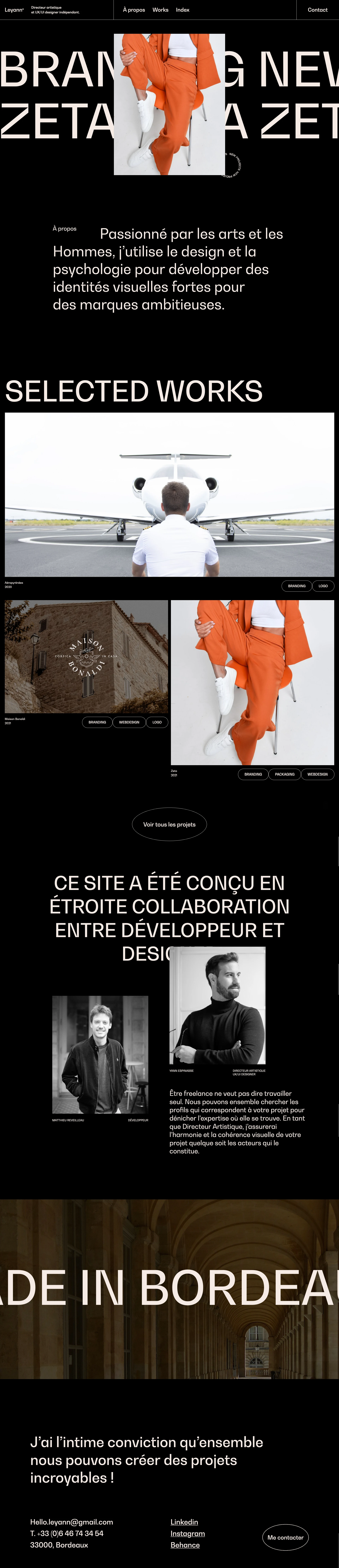 Leyann Landing Page Example: Specialized in brand creation, I use design to develop strong visual identities for ambitious brands. Services: identity, branding, web design, packaging and graphics.
