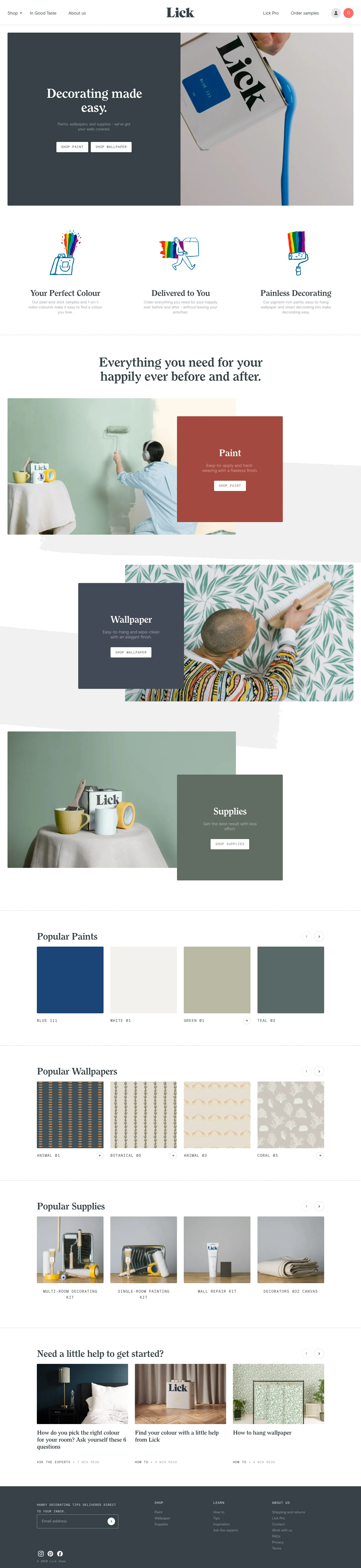 Lick Landing Page Example: Lick makes it easy to decorate and have a beautiful home. Order everything you need for your happily ever before and after - without leaving your armchair.