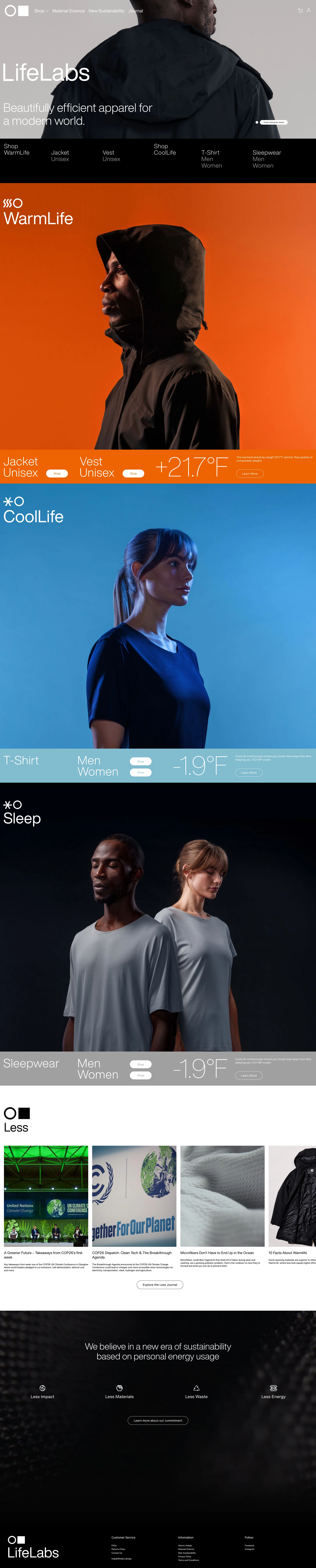 LifeLabs Design Landing Page Example: Beautifully efficient apparel for a modern world. LifeLabs is a materials science company developing technology to reduce global energy consumption.