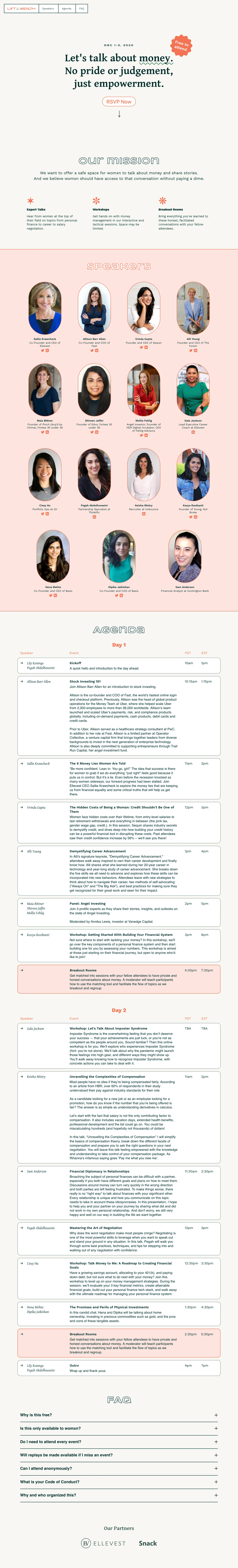 Lift Her Wealth Landing Page Example: A virtual summit for women who are looking to demystify the complicated world of money. Connect with and learn from women as they speak about stock investing, salary negotiation, building a budget, setting professional and financial goals, and more.