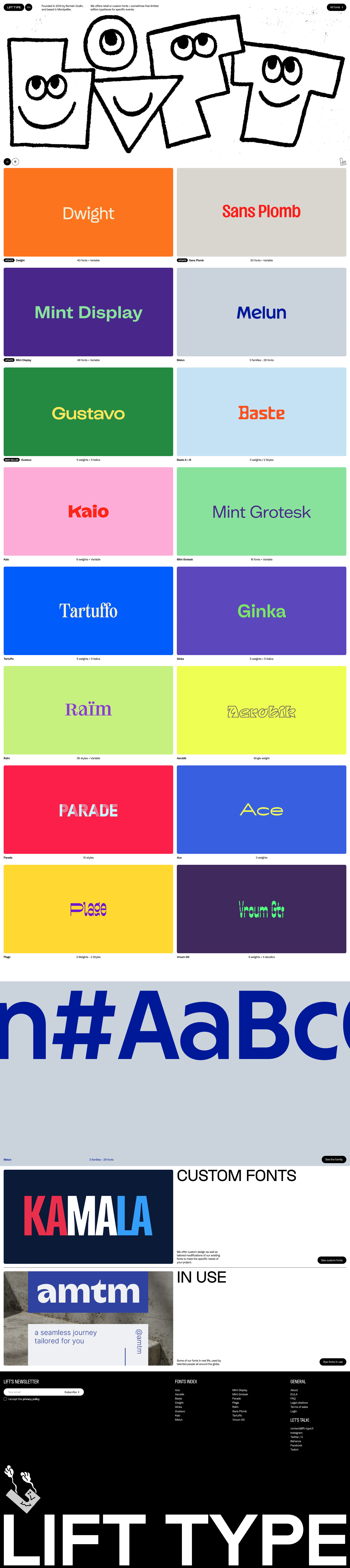 Lift Type Landing Page Example: Founded in 2014 by Romain Oudin, Lift Type offering retail or custom fonts, and sometimes free limited edition typefaces for specific events.