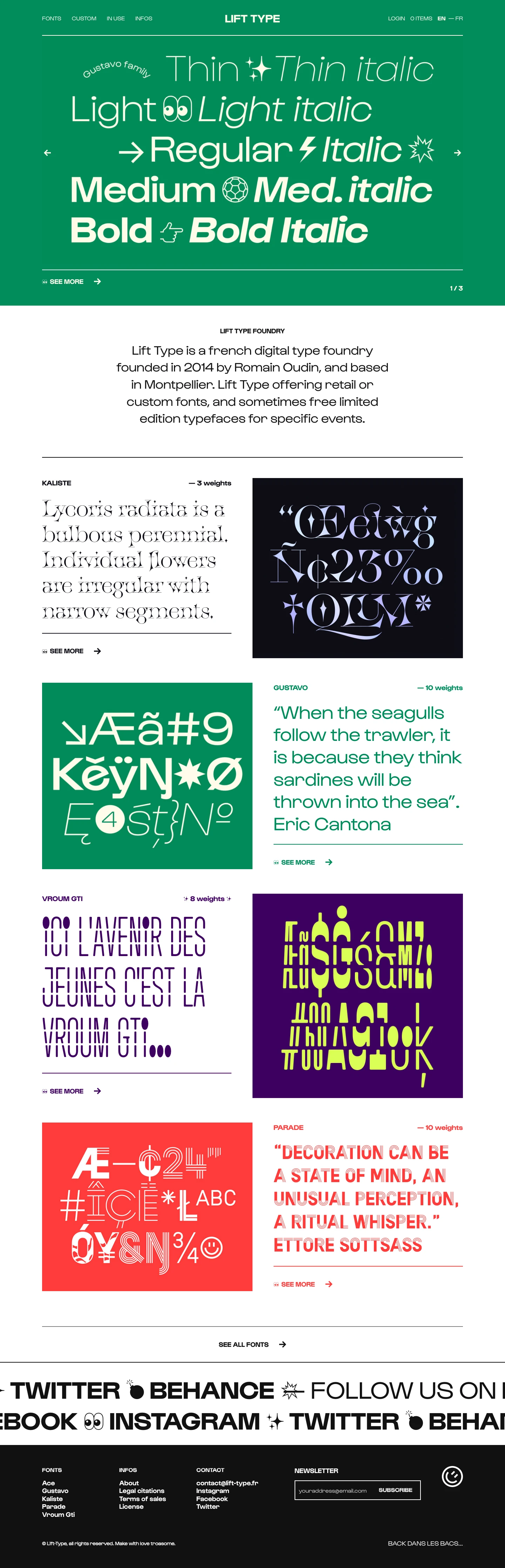 Lift Type Landing Page Example: Founded in 2014 by Romain Oudin, Lift Type offering retail or custom fonts, and sometimes free limited edition typefaces for specific events.
