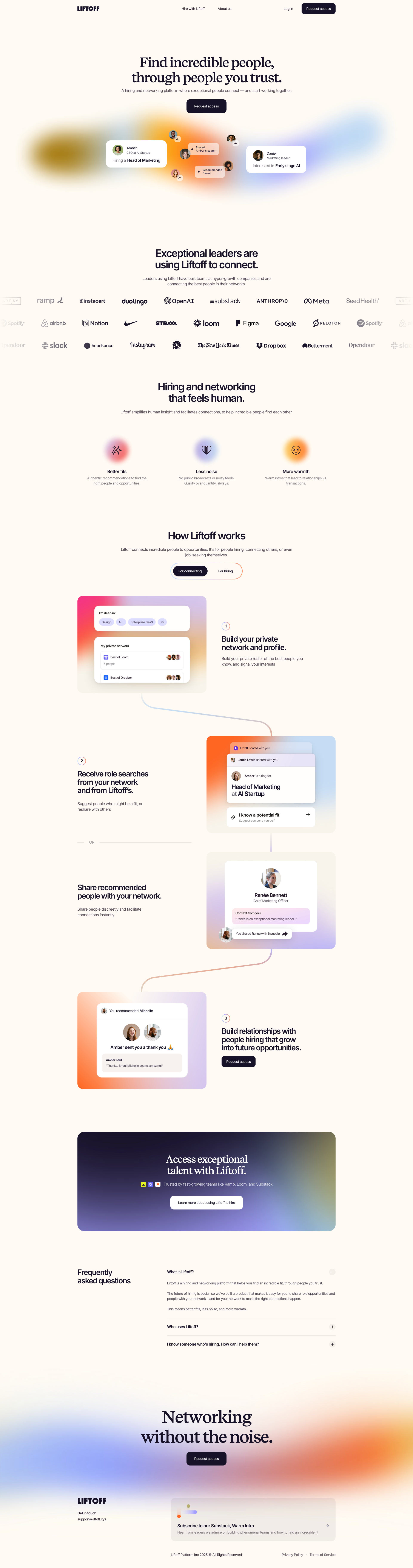 Liftoff Landing Page Example: Find incredible people, through people you trust. A hiring and networking platform where incredible people connect—and start working together.