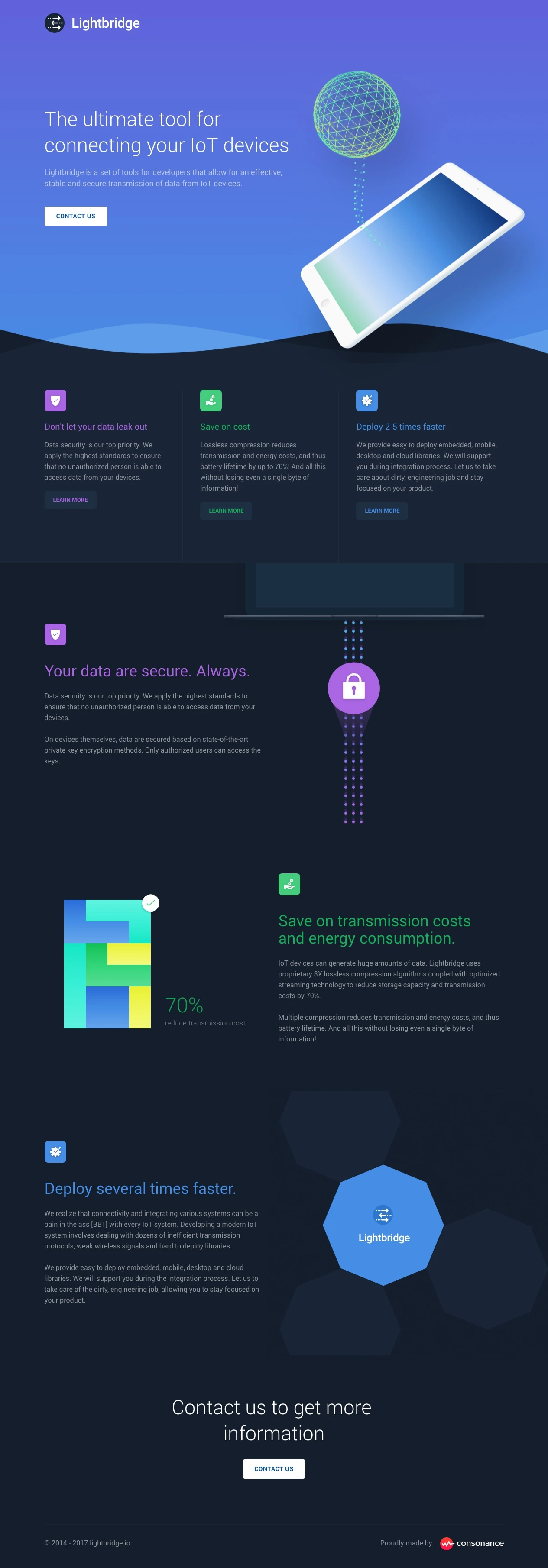 Lightbridge Landing Page Example: Lightbridge is a set of tools for developers that allow for an effective, stable and secure transmission of data from IoT devices.