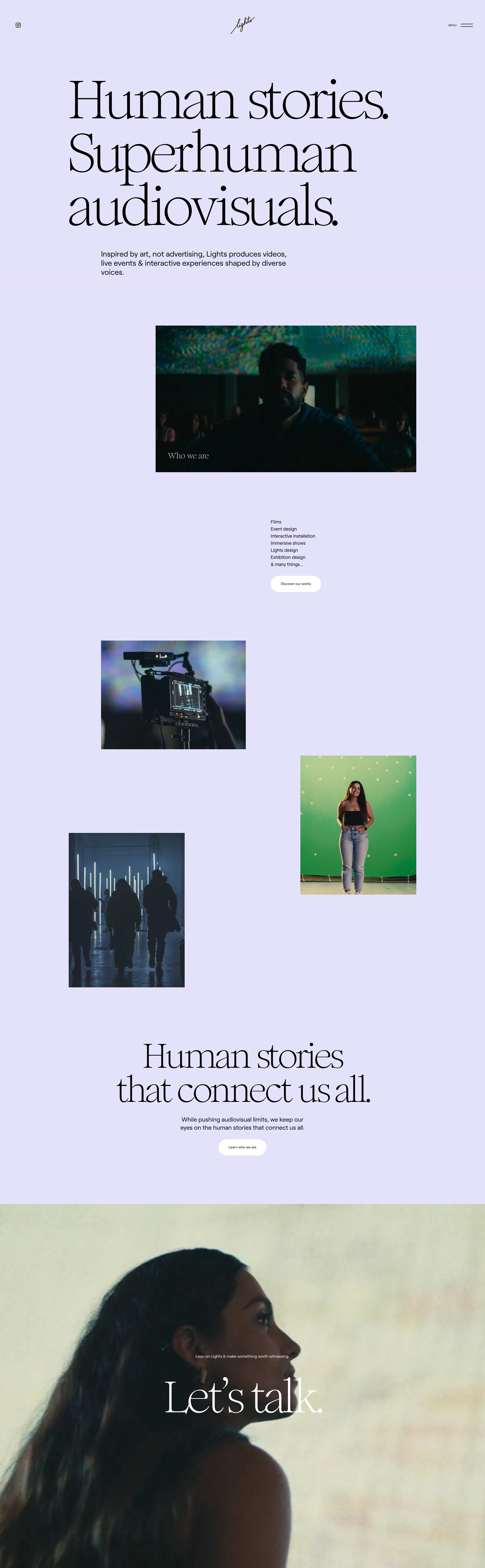 Lights Landing Page Example: Inspired by art, not advertising, Lights produces videos, live events & interactive experiences shaped by diverse voices.