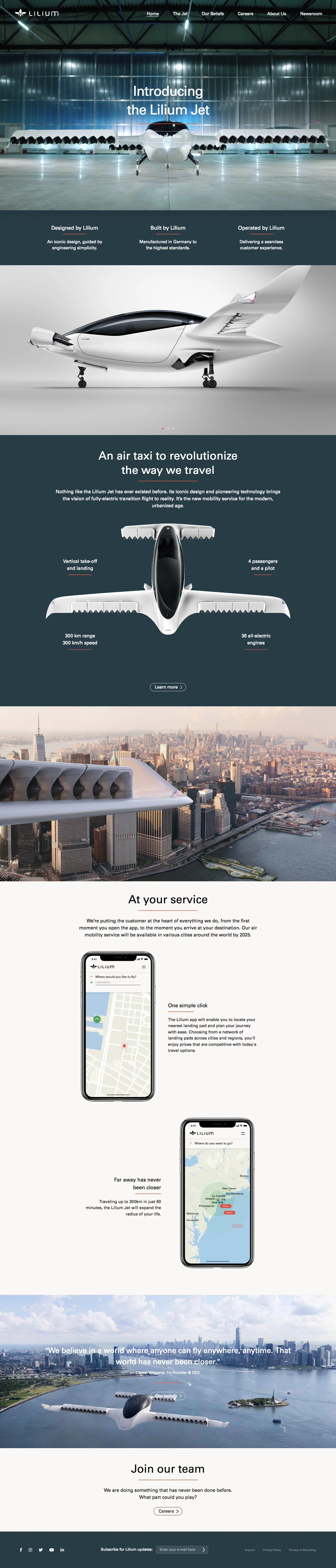 Lilium Landing Page Example: Lilium is developing a revolutionary on-demand air taxi service that is powered by the all-electric, vertical take-off and landing Lilium Jet.
