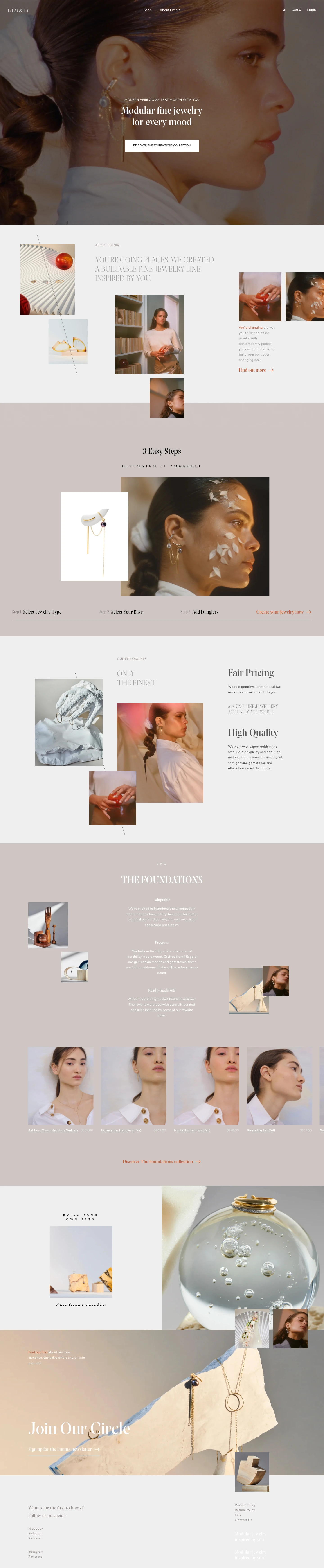 Limnia Landing Page Example: Modular fine jewelry for every mood. We’re changing the way you think about fine jewelry with contemporary pieces you can put together to build your own, ever-changing look.