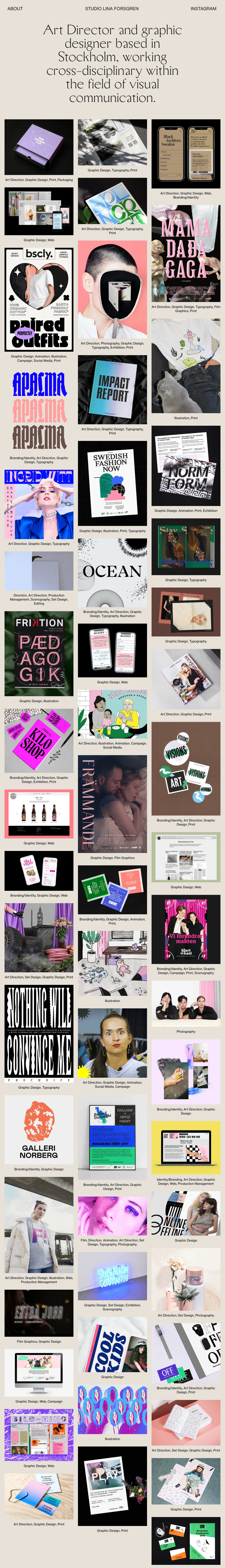 Lina Forsgren Landing Page Example: Art Director and graphic designer based in Stockholm, working cross-disciplinary within the field of visual communication.