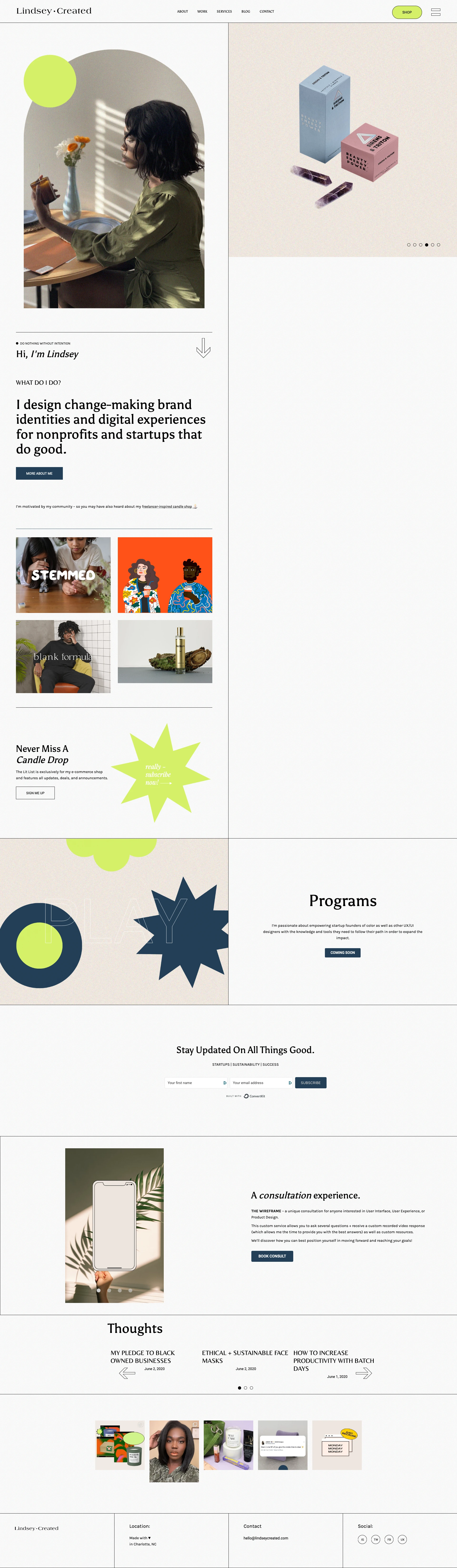 Lindsey Created Landing Page Example: Lindsey Created is a sustainable e-commerce design studio for change-makers that also features a freelancer-inspired candle shop.