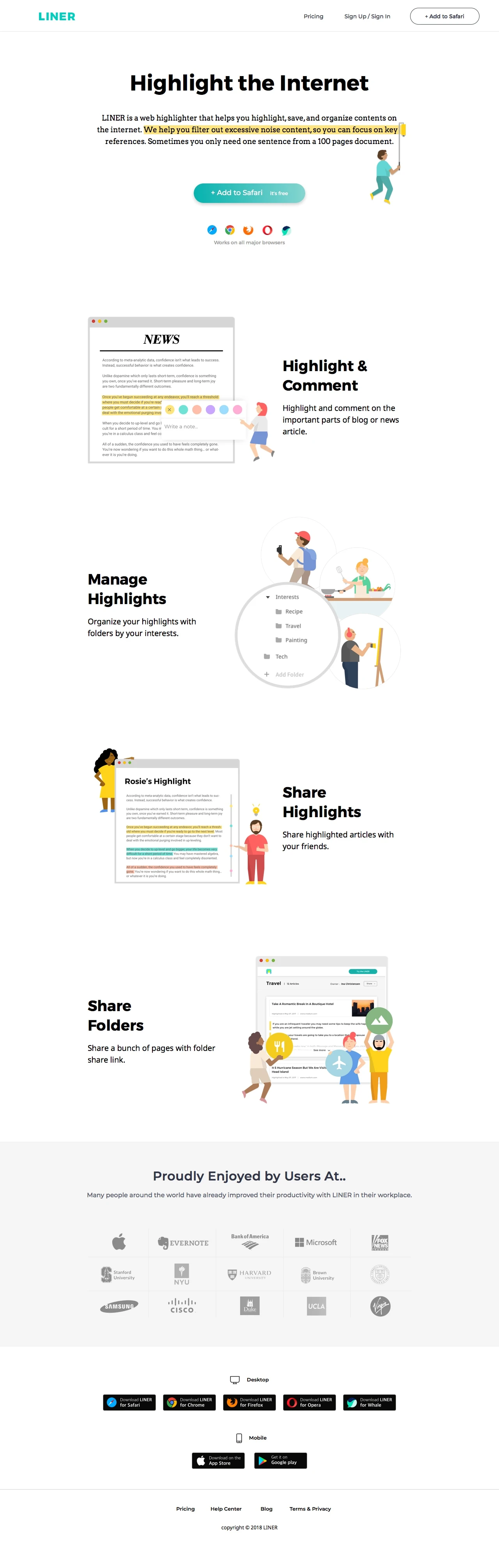 LINER Landing Page Example: Highlight and save your favorite quotes on LINER. LINER is the only web highlighter that syncs across desktop and mobile. Leave highlights on your favorite news articles, blog posts, PDFs and more!