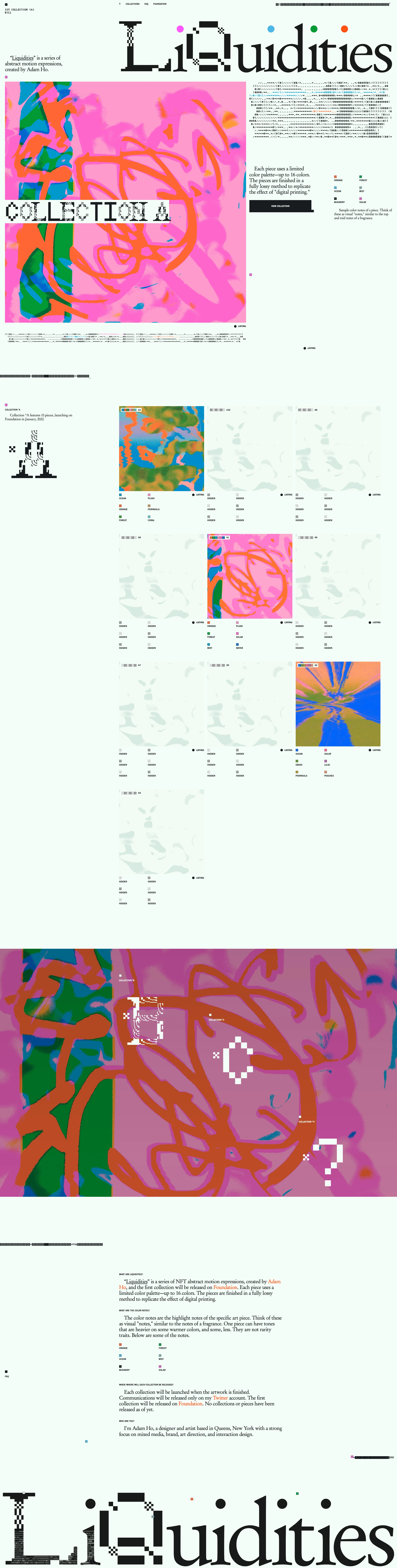 Liquidities Landing Page Example: Liquidities is a series of NFT abstract motion expressions, created by Adam Ho.