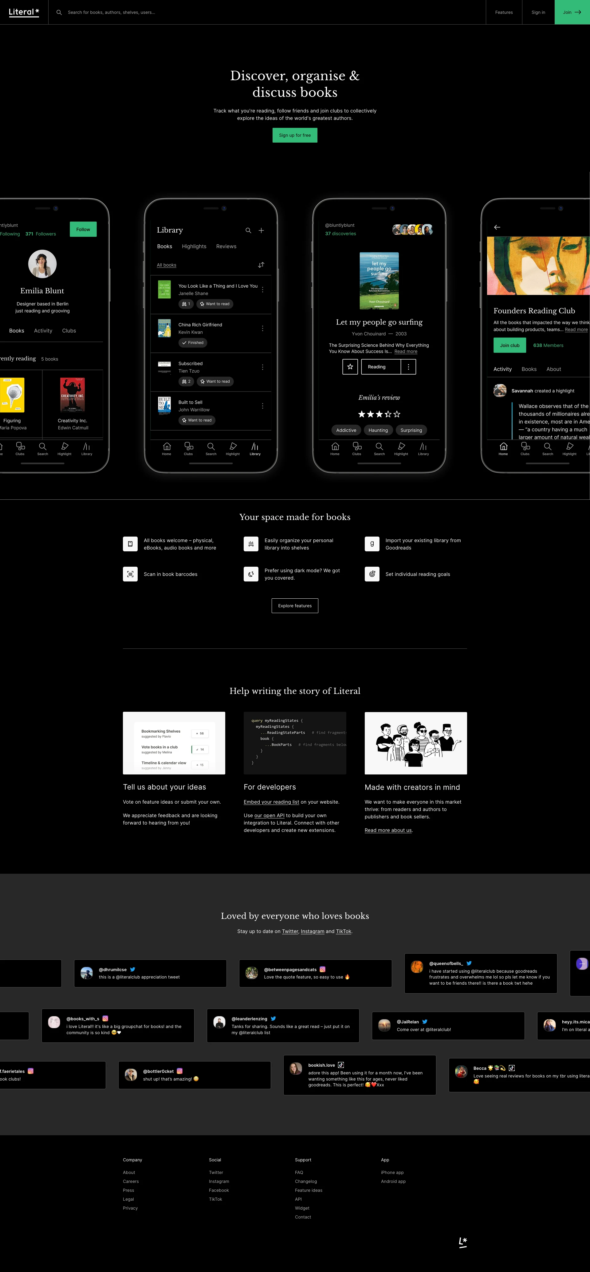 Literal Landing Page Example: Discover, organise & discuss books. Track what you're reading, follow friends and join clubs to collectively explore the ideas of the world's greatest authors.