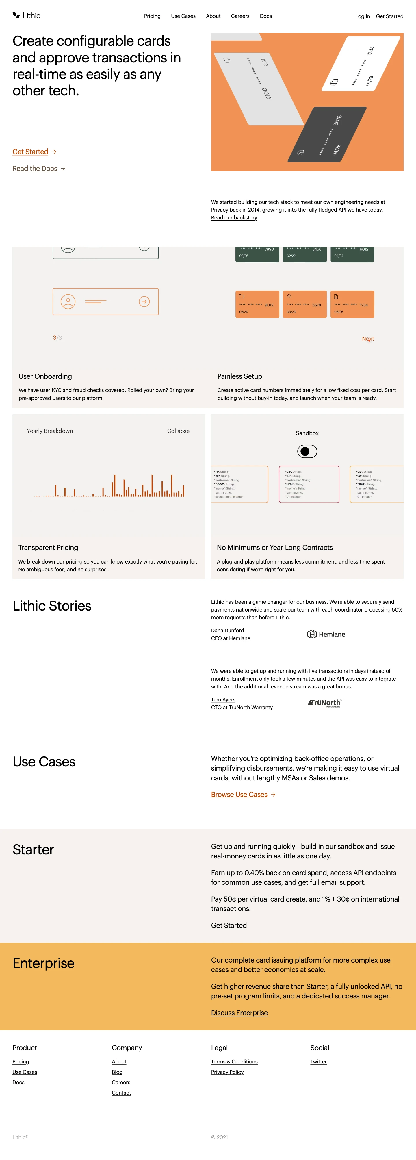 Lithic Landing Page Example: Lithic makes it simple to create payment cards to enable and control spending. Designed for developers, Lithic's accessible building blocks reduce time to market, unlock new revenue streams and scale with your evolving business. Whether you're creating payment cards for your customers, optimizing back-office operations, or simplifying disbursements, Lithic makes it easy to start without wading through lengthy MSAs or Sales demos. Pricing is simple, with no expensive monthly fees.