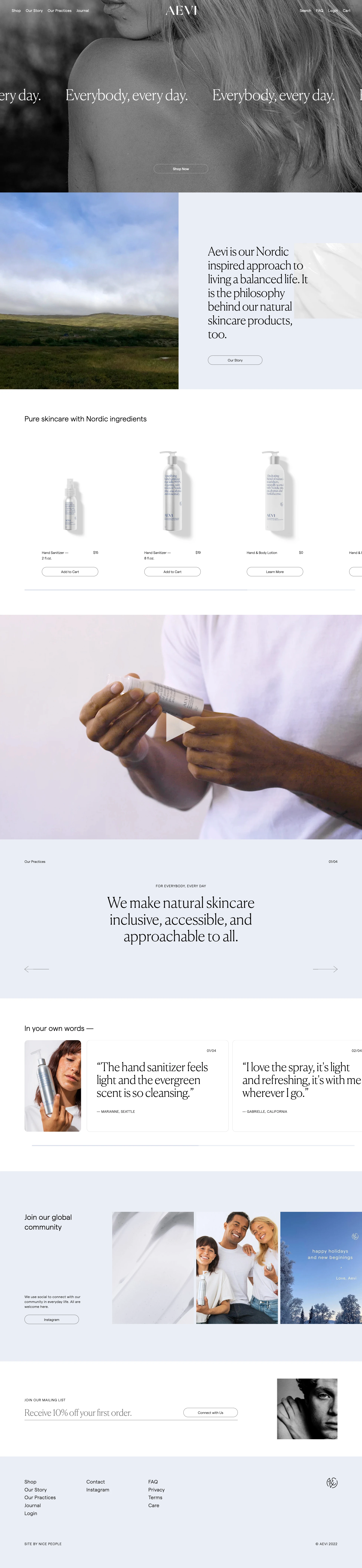 Aevi Landing Page Example: Aevi is our Scandinavian-inspired approach to living and it's the philosophy behind our natural skincare products, too. Made with pure ingredients of the highest quality; without fillers, chemicals, fragrances or unnecessary preservatives. Our sustainable and recyclable packaging meets responsibly sourced ingredients.