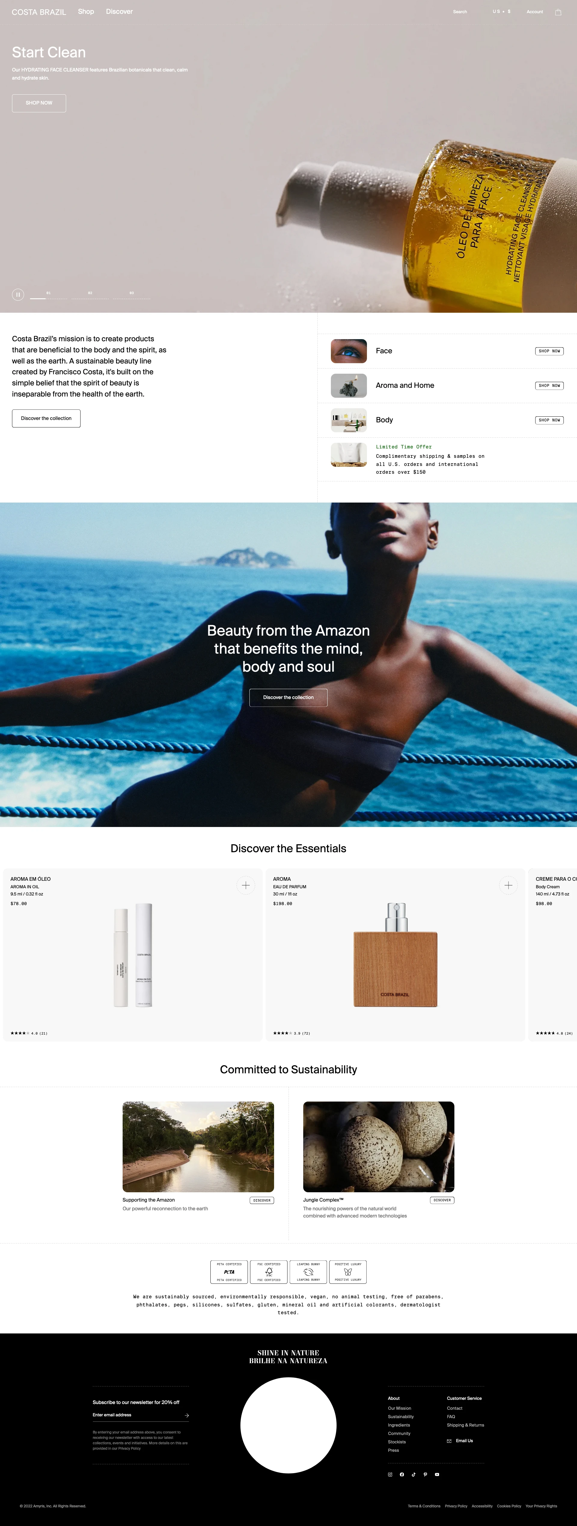 Costa Brazil Landing Page Example: Costa Brazil is an eco-beneficial beauty line founded by Francisco Costa to capture the rich, natural essence of Brazil. Our products are created from pure, potent, enriching ingredients, sustainably sourced from the Amazon rainforest, and activated using the latest laboratory technologies.