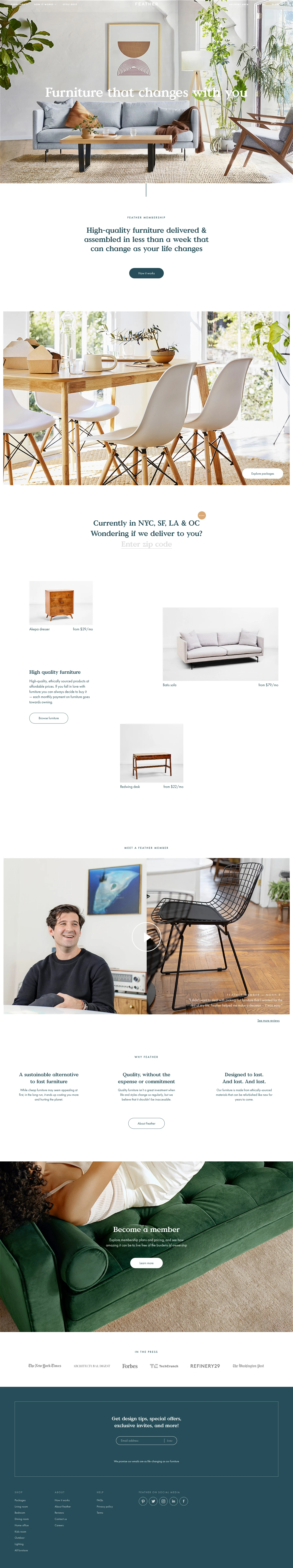Feather Landing Page Example: Get access to quality furniture at a low monthly price with the option to add, swap, buy, or return when life or tastes change. Delivery & assembly in 7 days.