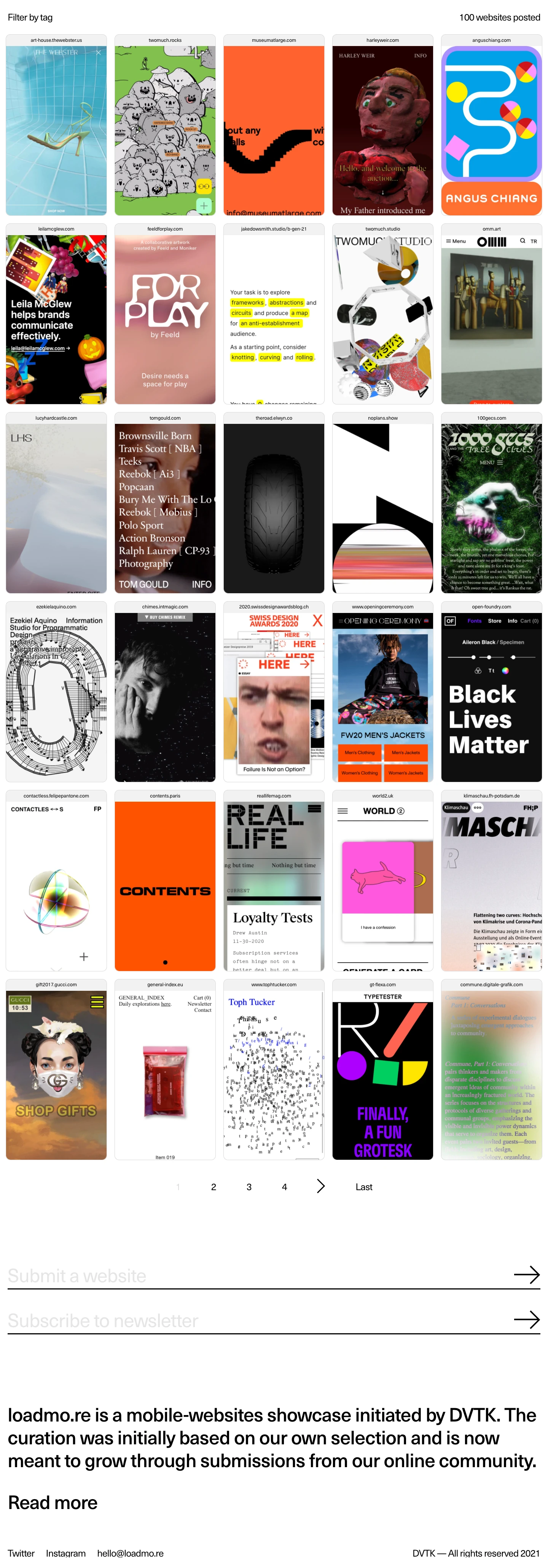 loadmo.re Landing Page Example: loadmo.re is a mobile-websites showcase initiated by DVTK. The curation was initially based on our own selection and is now meant to grow through submissions from our online community.