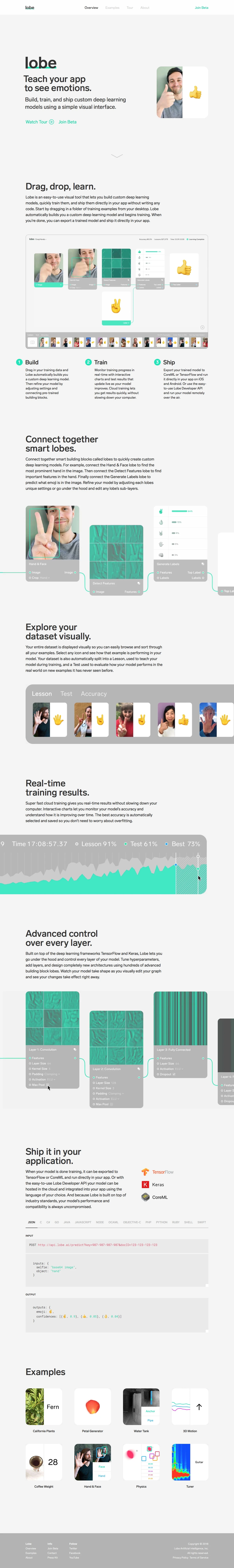 Lobe Landing Page Example: Lobe is an easy-to-use visual tool that lets you build custom deep learning models, quickly train them, and ship them directly in your app without writing any code.
