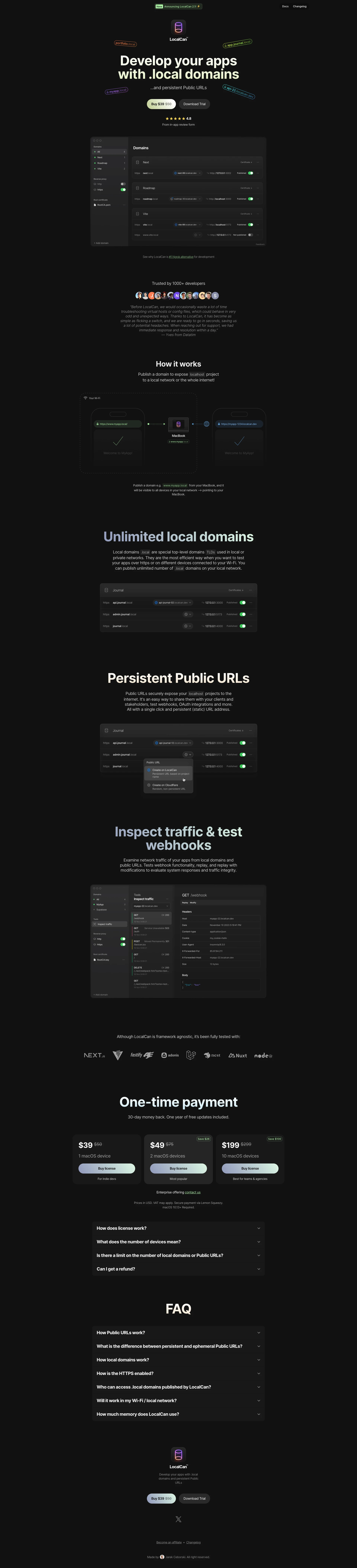 LocalCan Landing Page Example: LocalCan for macOS is a powerful Ngrok alternative, allowing developers to build and test apps with .local domains and secure persistent Public URLs.