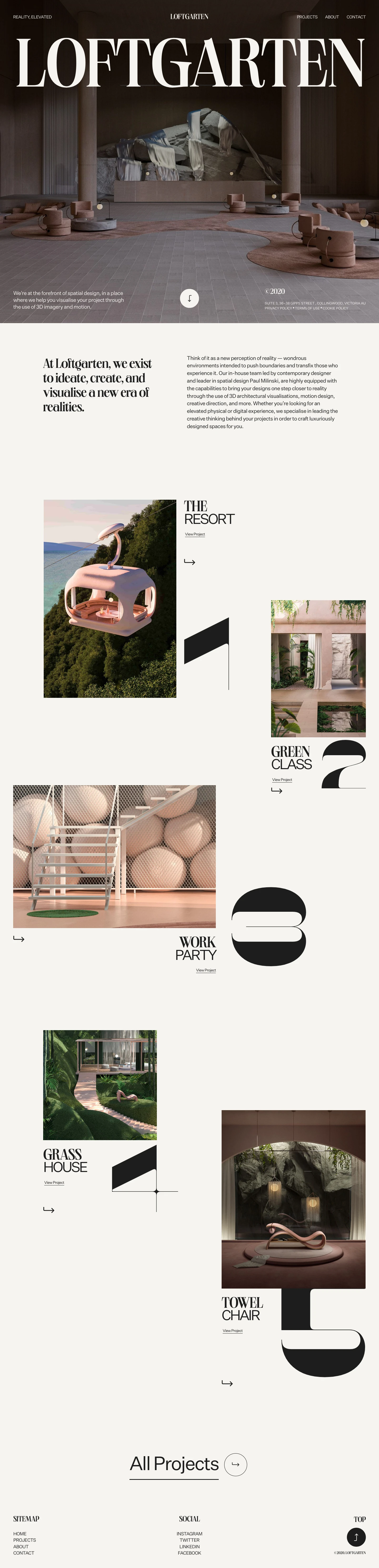Loftgarten Landing Page Example: We’re at the forefront of spatial design, in a place where we help you visualise your project through the use of 3D imagery and motion.