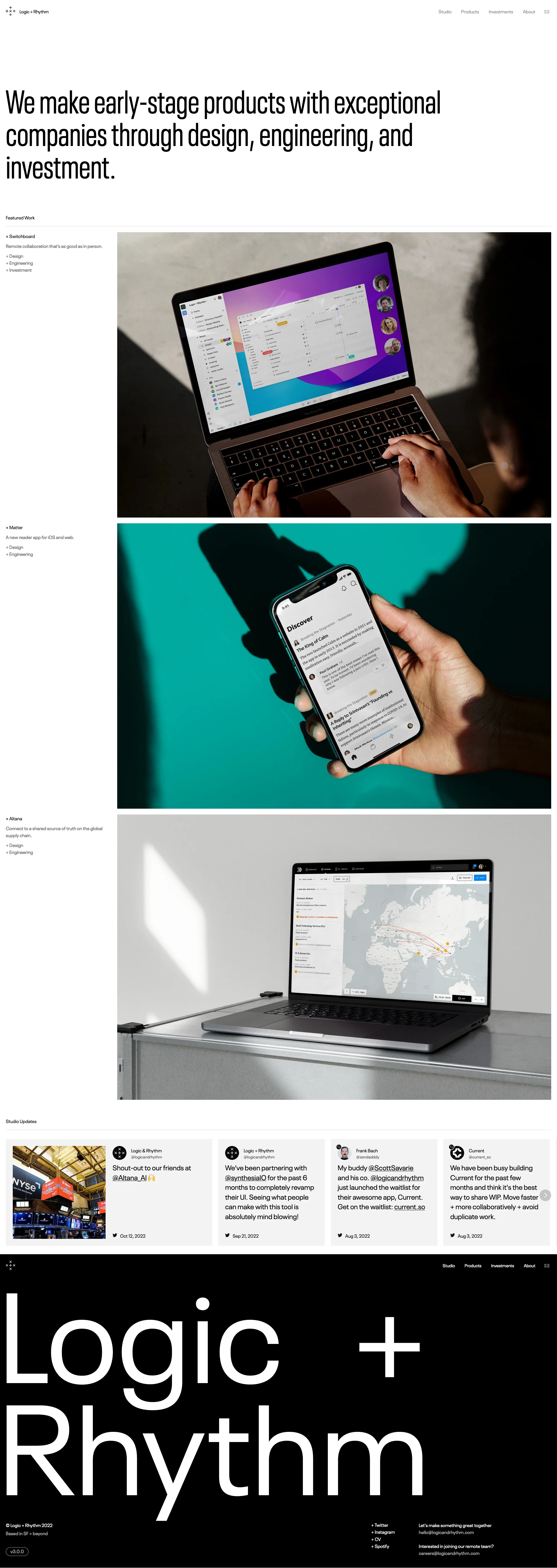 Logic + Rhythm Landing Page Example: We make early-stage products with exceptional companies through design, engineering, and investment.