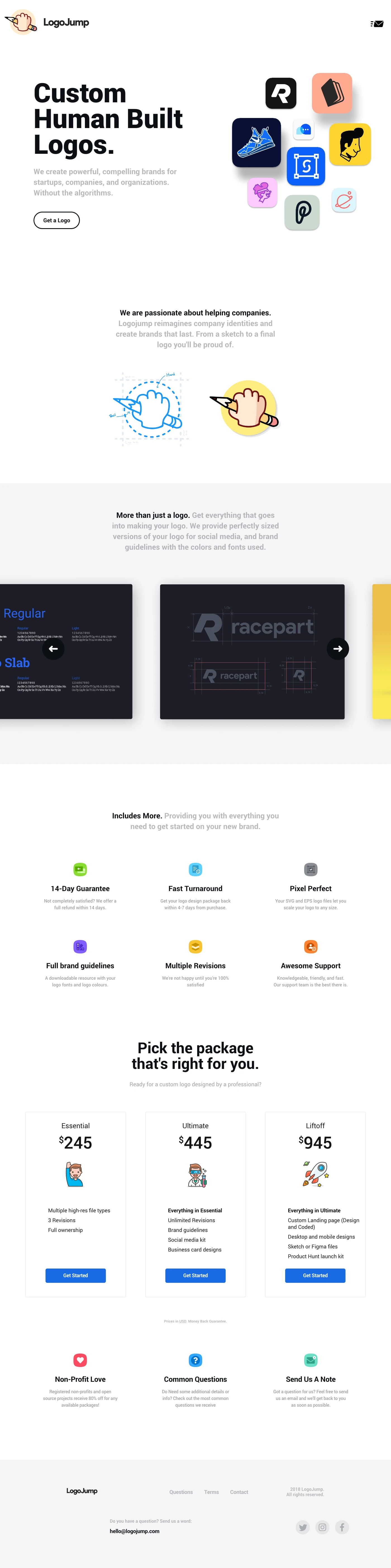 LogoJump Landing Page Example: LogoJump is a brand strategy and digital design agency specializing in logos, branding and identity. We create powerful, compelling brands for startups, companies, and organizations. Without the algorithms.