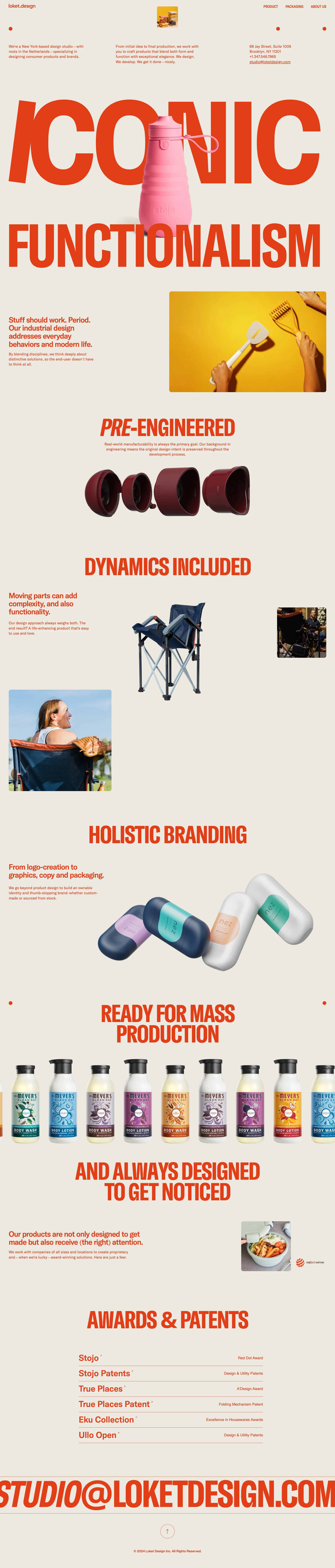 Loket Design Landing Page Example: We're a New York-based design studio—with roots in the Netherlands—specializing in designing consumer products and brands. From initial idea to final production, we work with you to craft products that blend both form and function with exceptional elegance. We design. We develop. We get it done—nicely.