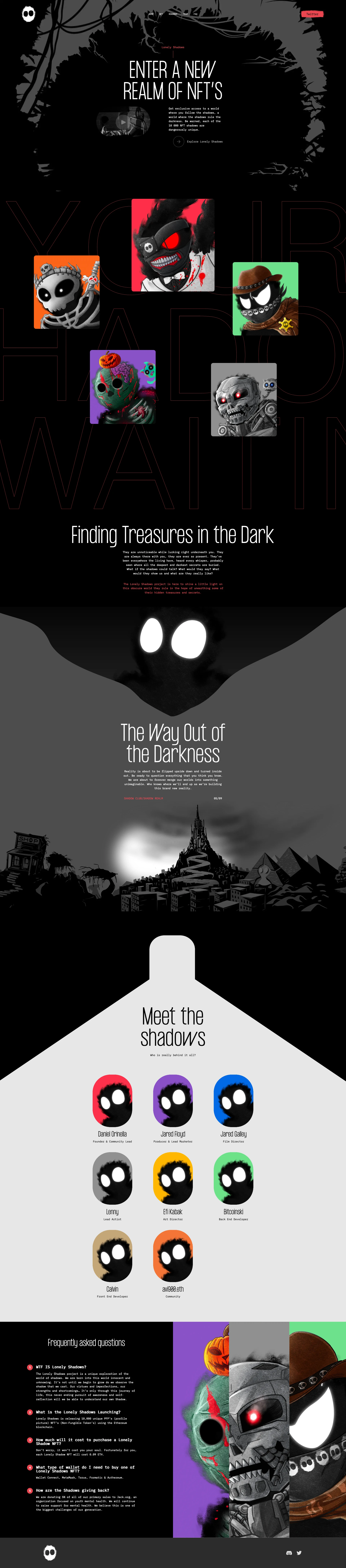 Lonely Shadows Landing Page Example: Get exclusive access to a world where you follow the shadows, a world where the shadows rule the darkness. Be warned, each of the 10,000 NFT shadows are dangerously unique.