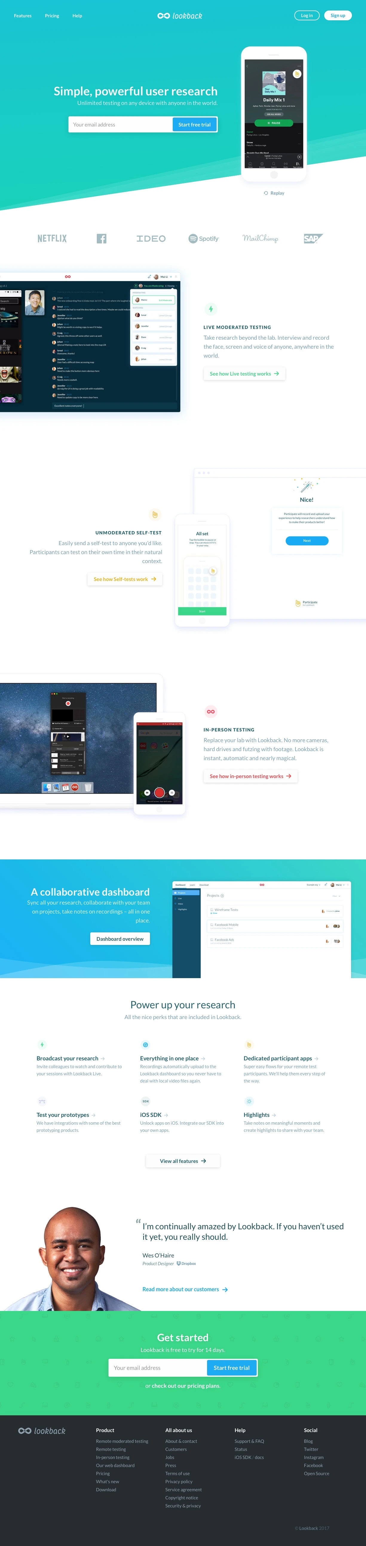 Lookback Landing Page Example: User experience recording made simple. See the screen, face, voice and touches of your users. Record in-house or remotely and without equipment.