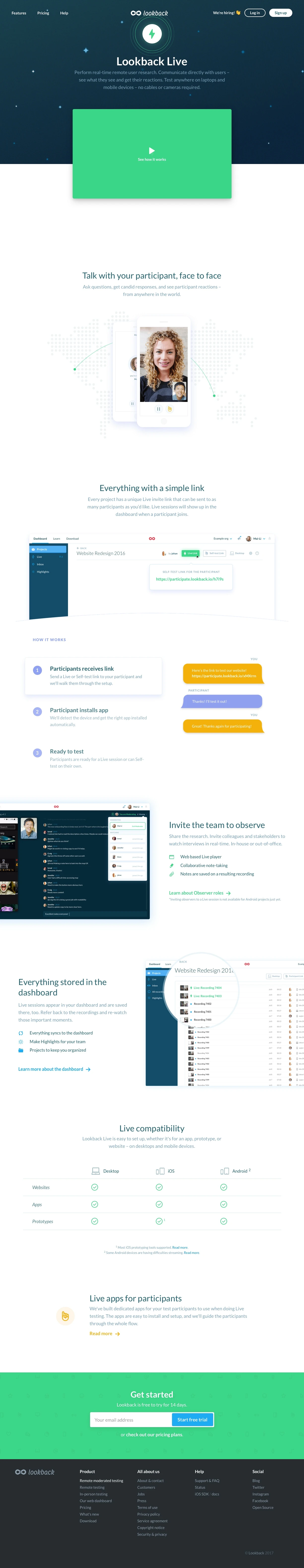 Lookback Live Landing Page Example: Perform real-time remote user research. Communicate directly with users – see what they see and get their reactions.