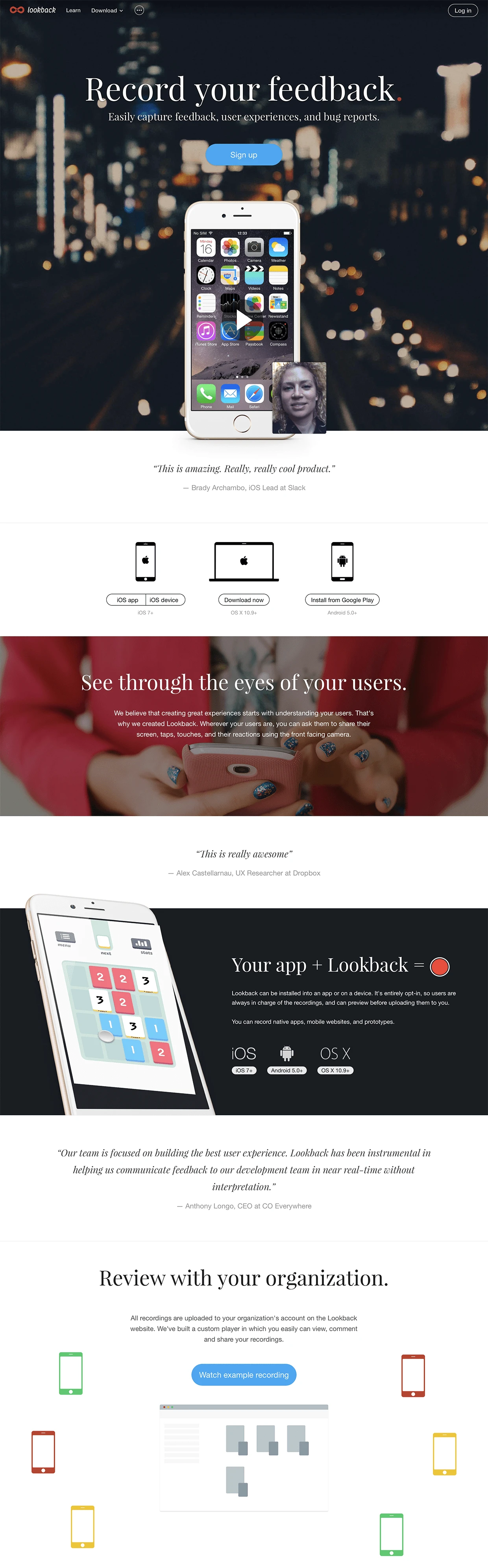 Lookback Landing Page Example: Remove the guesswork. Easily capture your users' experiences and make your product better.