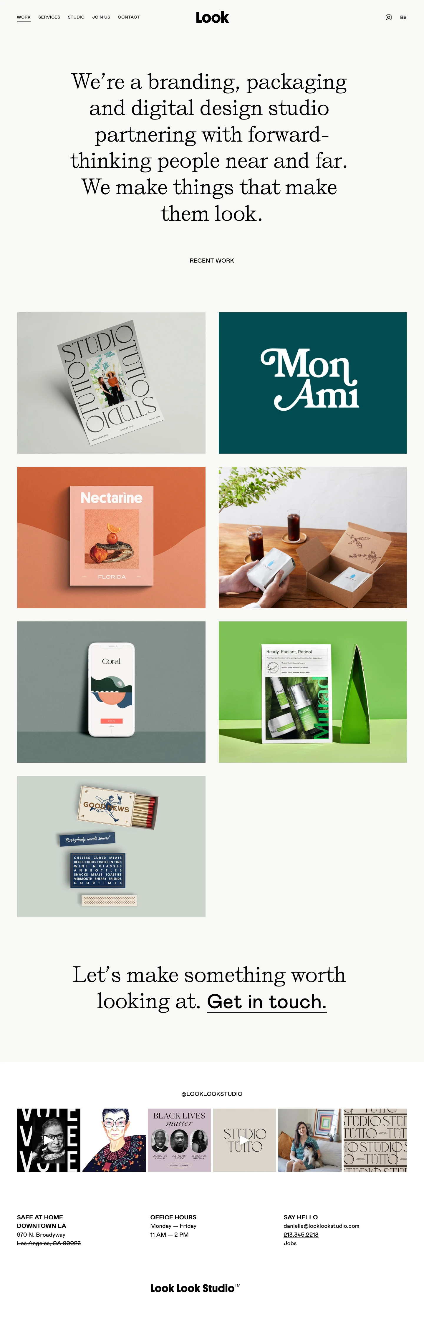Look Look Studio Landing Page Example: We’re a branding, packaging and digital design studio partnering with forward-thinking people near and far. We make things that make them look.
