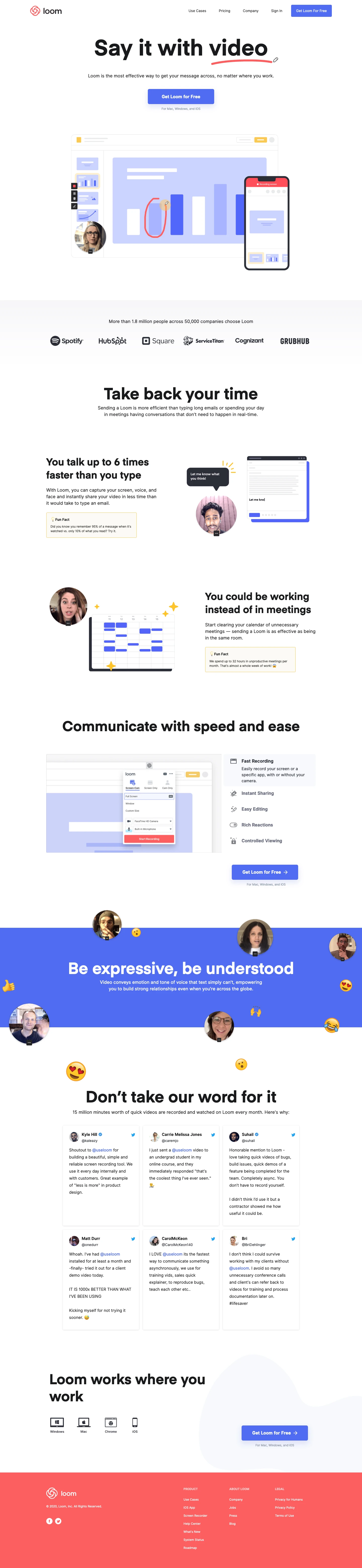 Loom Landing Page Example: Loom is the most effective way to get your message across, no matter where you work.