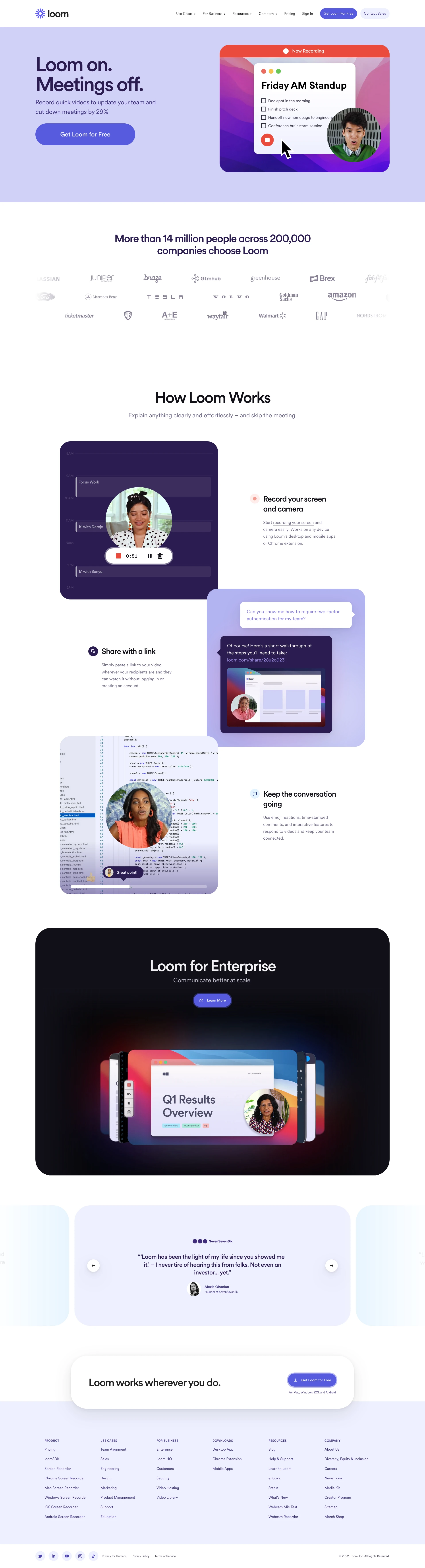 Loom Landing Page Example: Record your screen, share your thoughts, and get things done faster with async video.