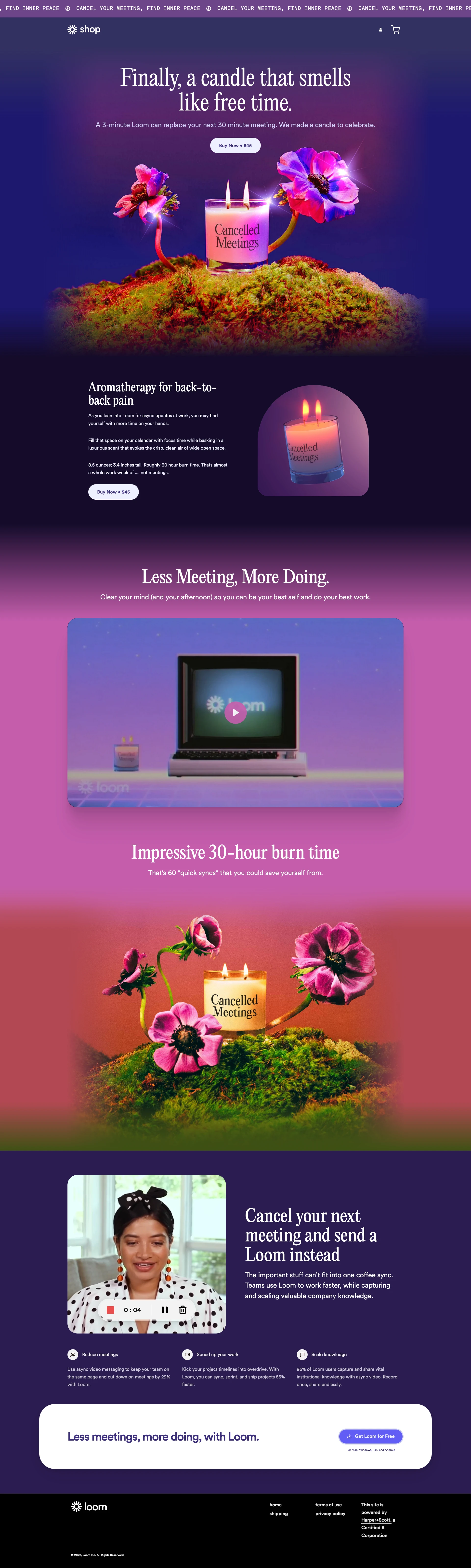 Loom Shop Landing Page Example: Finally, a candle that smells like free time. A 3-minute Loom can replace your next 30 minute meeting. We made a candle to celebrate.