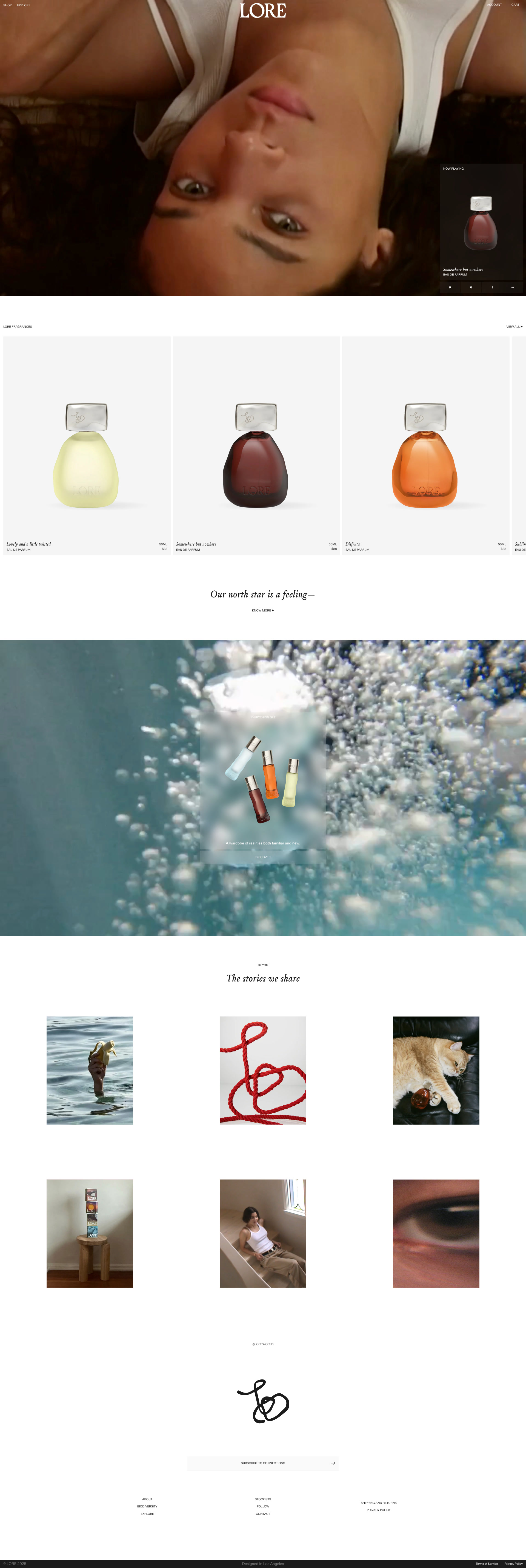 LORE Landing Page Example: LORE is a world of scents that take you somewhere. Complex, rich and emotional. Familiar but new. Each scent invites new meaning through your own wear, designed inclusive of gender, identity and the things we carry. At our core is the reminder of all that connects us.