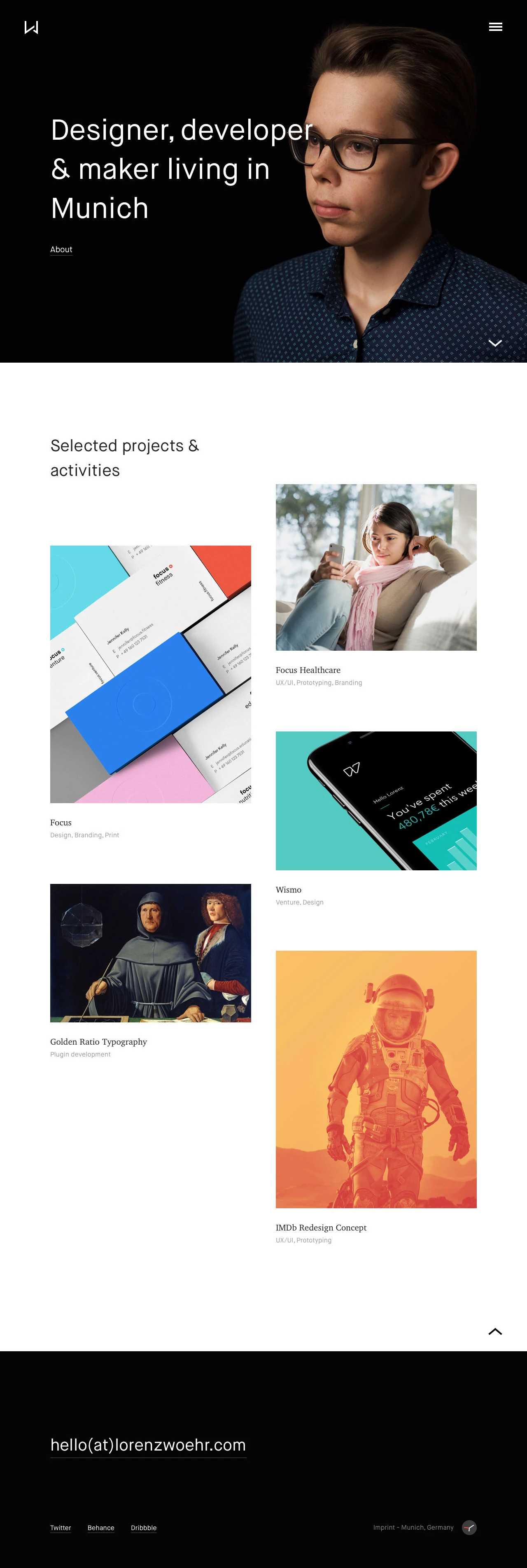 Lorenz Wöhr Landing Page Example: Designer, developer & maker living in Munich, Germany.