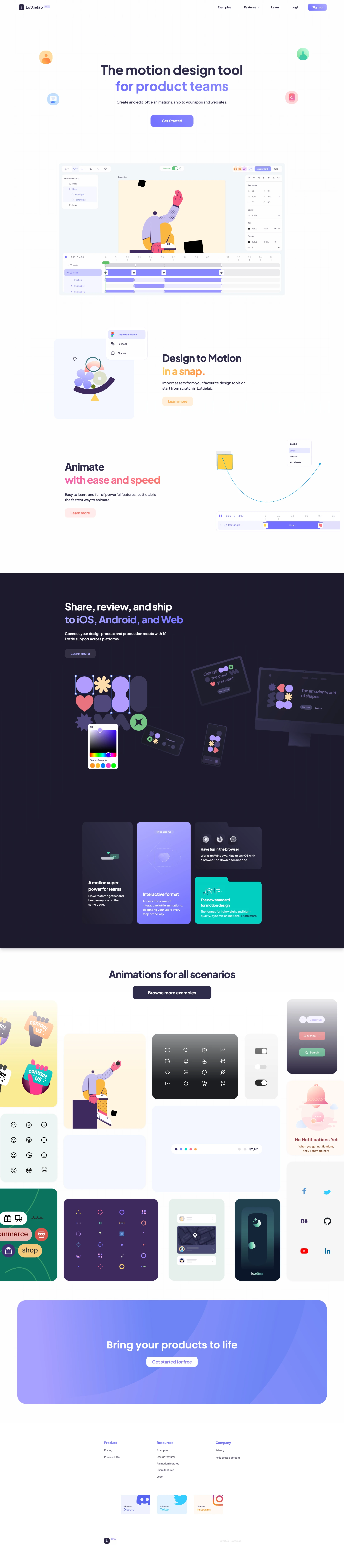 Lottielab Landing Page Example: Create and ship animations to your products faster. Bring your websites and apps to life with the simplest editor for lottie animations.