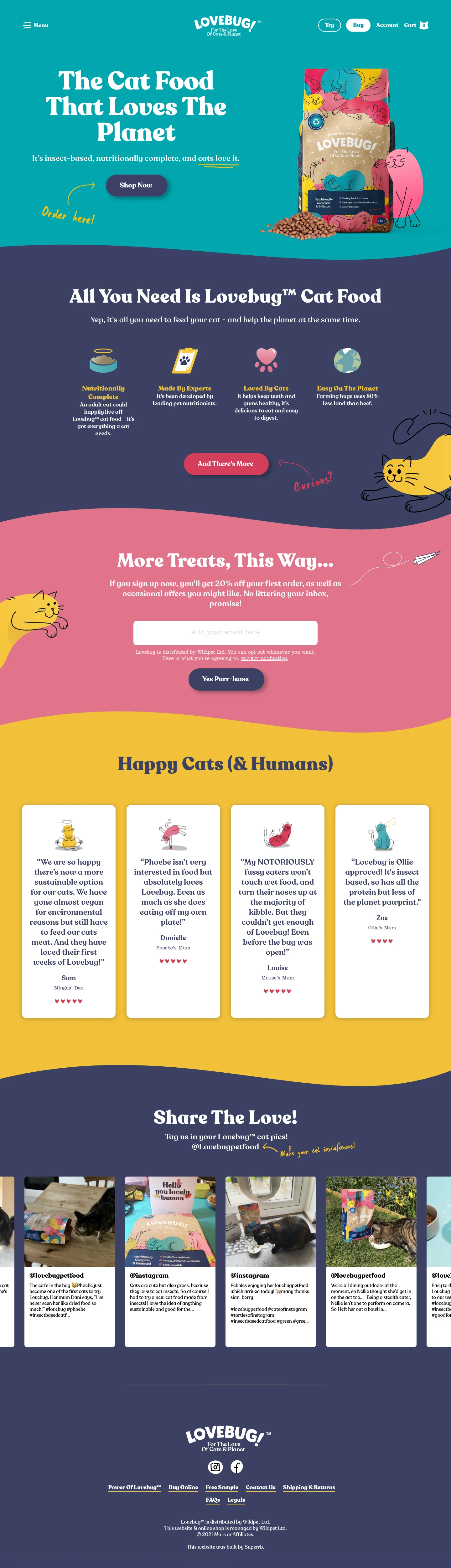 Lovebug Pet Food Landing Page Example: Lovebug is nutritionally complete and balanced cat food that helps you love your cat and your planet at the same time. It’s insect-based and cats love it.