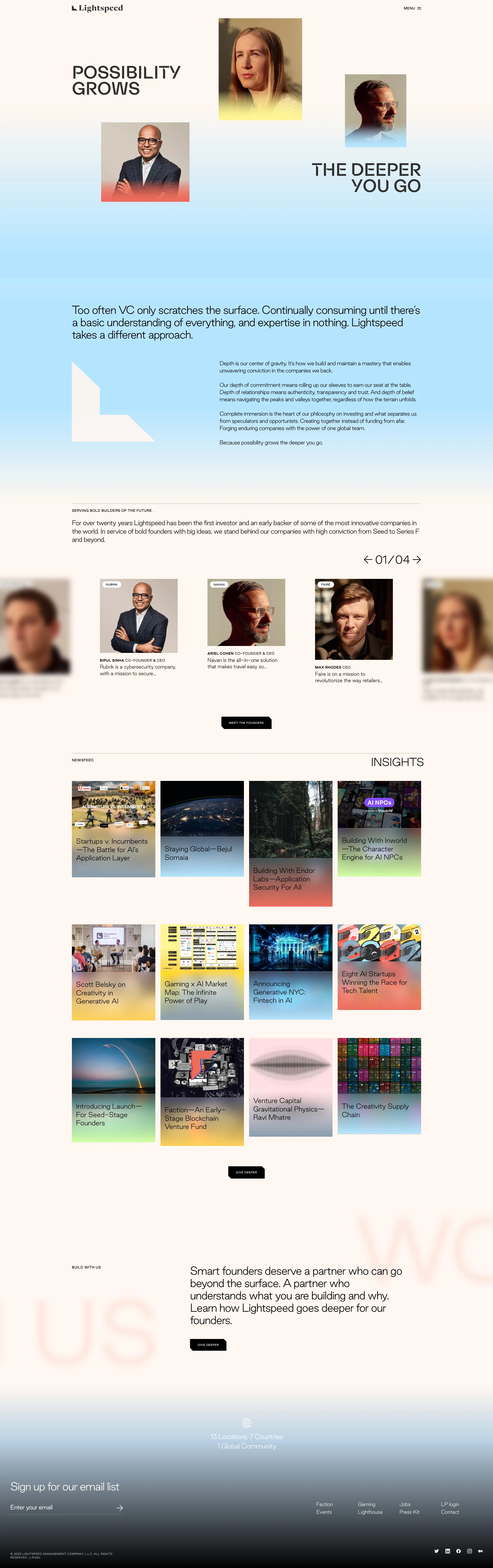 Lightspeed Landing Page Example: For over twenty years Lightspeed has been the first investor and an early backer of some of the most innovative companies in the world. In service of bold founders with big ideas, we stand behind our companies with high conviction from Seed to Series F and beyond.
